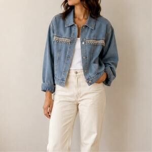 Tgla Boho Jean Denim Jacket Cropped Boxy Embellished Cowgirl Western Indie-Lg